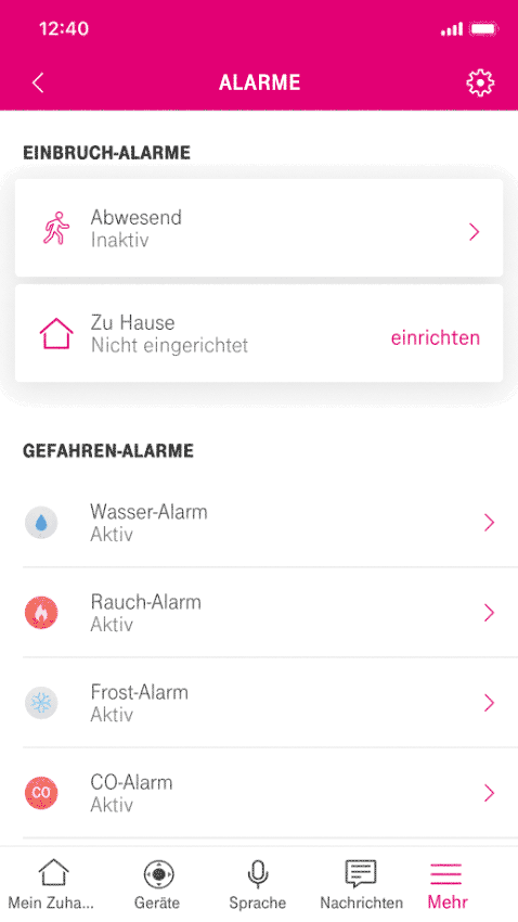 Magenta SmartHome App: Gefahren Alarme